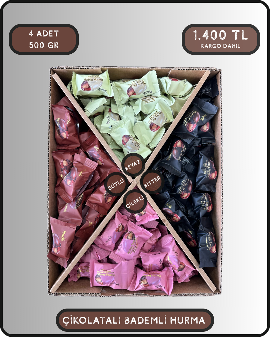 ÇİKOLATA KAPLI BADEMLİ HURMA 4 x 500 gr. KARIŞIK PAKET (BEYAZ - BİTTER - SÜTLÜ - ÇİLEK)